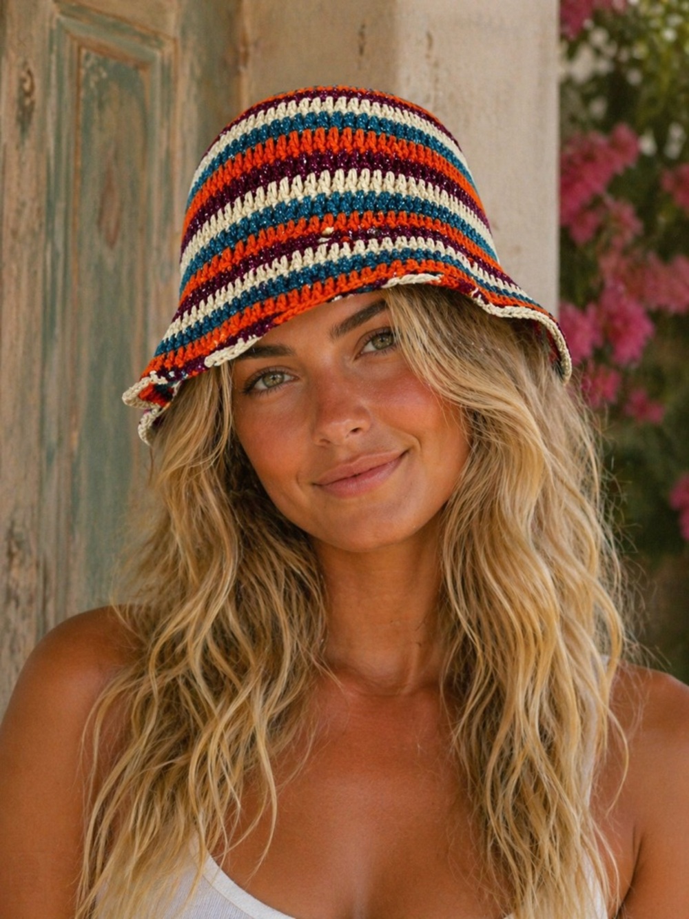 Rose Carmine NWT  multi coloured striped  Crochet Summer  hand knit Bucket Hat